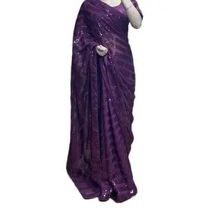Clearance: Full sequence work party wear Saree in Gorgattee Fabric comes with stitched Blouse. falls, and pico are done..