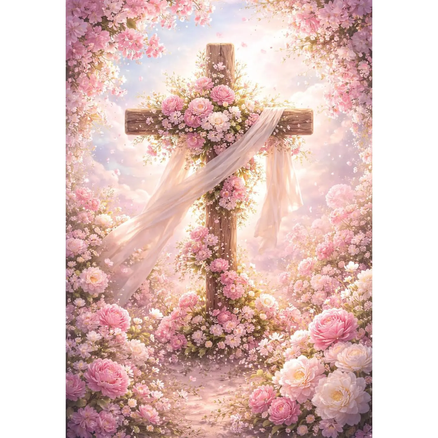 5D Diamond Painting Kit Wooden Cross Wrapped White Ribbon Pink Peony Floral Cloud Sky Faith Spiritual Christian Crystal Rhinestone Wall Art Decor Gift