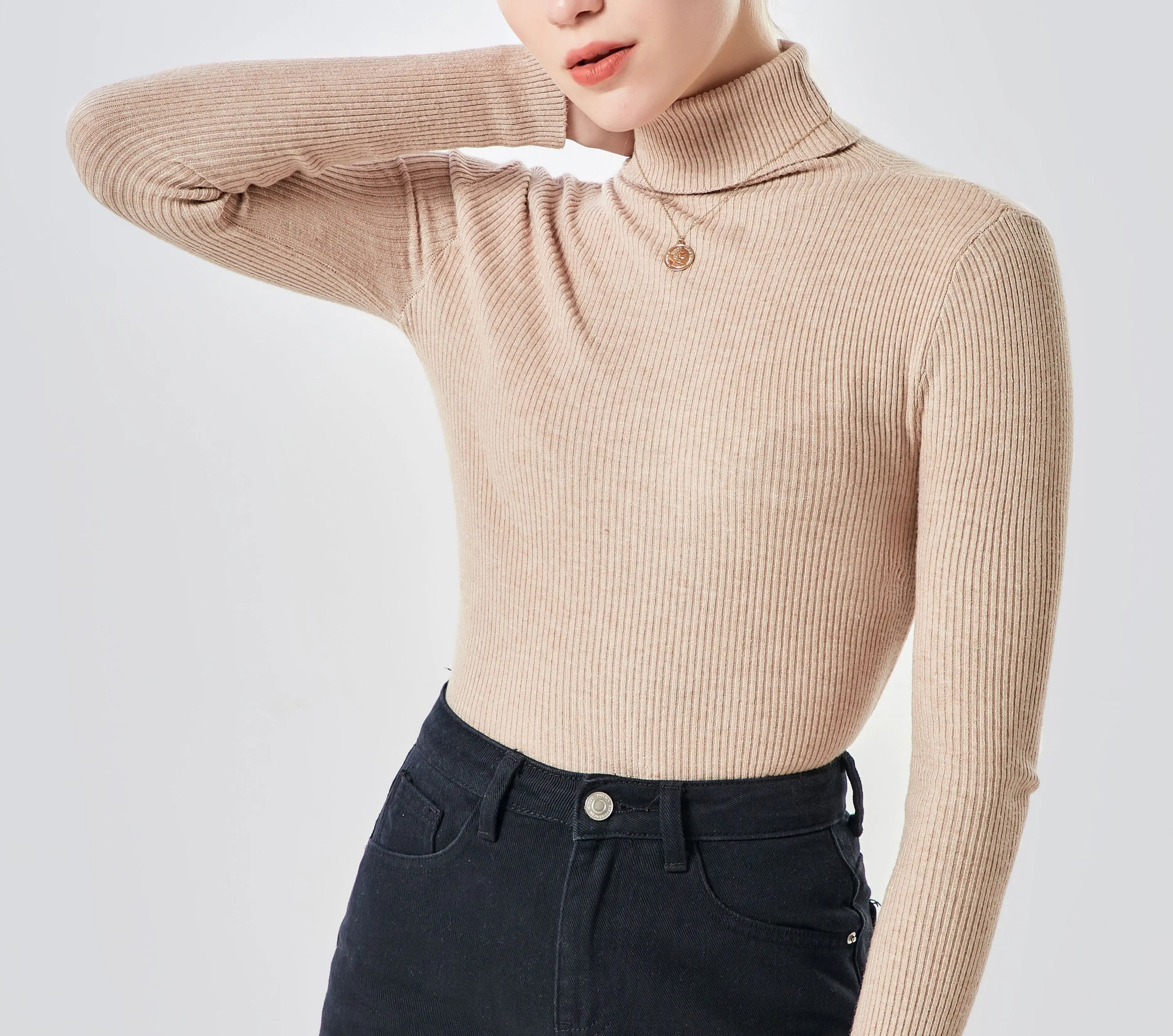Khaki Knitted and Fitted Turtleneck Sweater lightweight sweater crop sweater