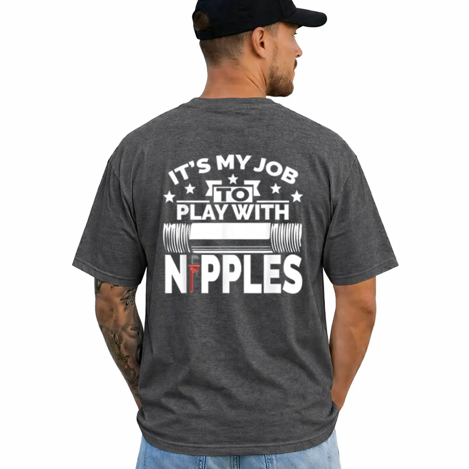 Funny Plumber Pipe Nipple Shirt Plumbing Humor Graphic Tee, Short Sleeve Printed Graphic Shirt, Daily Casual Cotton Menswear