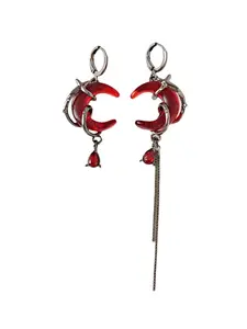 Dark Gothic Blood Moon Rose Earrings, Asymmetric Design, Alloy Plated Hollow with Fringe, Punk Style, Unique Gift for Goth Lovers