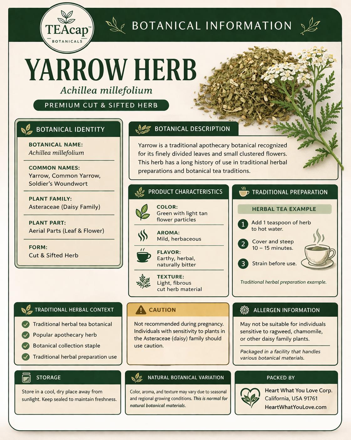 Yarrow Cut & Sifted Herbal Tea | Achillea millefolium Botanical