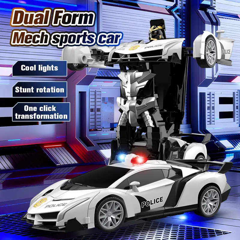Police Theme Dual-Form Mechanical Sports Car Toy, 1-Click Transformation, Cool Lights, Stunt Rotation Feature