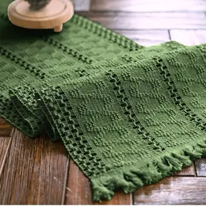Macrame Table Runner Green Boho Table Runner with Tassels Hand Woven Cotton Table Runner Rustic Farmhouse Table Runner for Bohemian Kitchen Dining Table(12x71in)