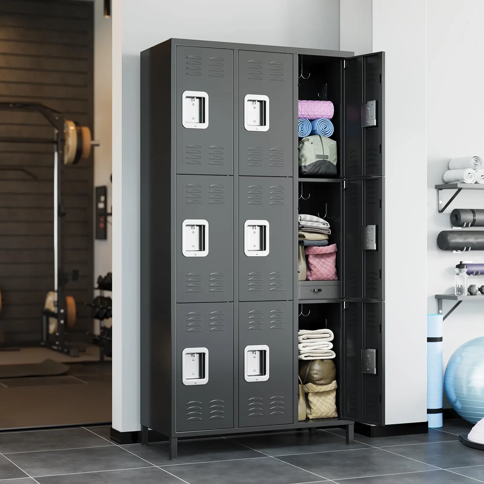 GARVEE 9-Door Heavy-Duty Metal Storage Locker, Industrial Locker with 18 Hooks & Shelves for Employee Changing Room, Garage, Gym, School, Office - metal storage cabinet Black