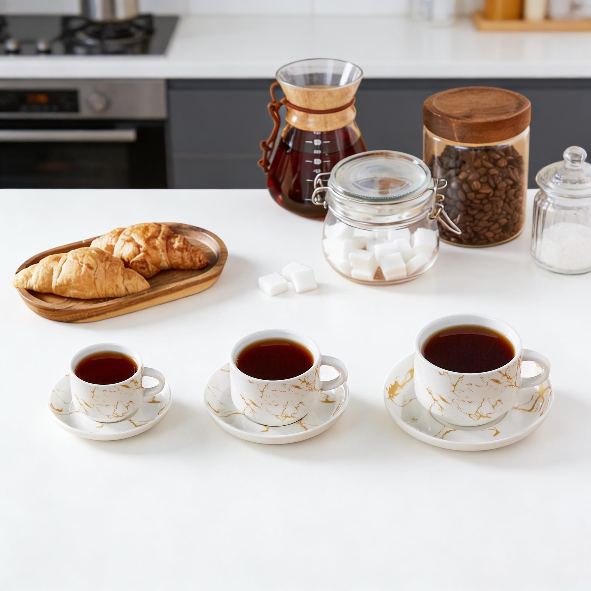 MALACASA 3/5/9 OZ Porcelain Espresso Cups (includes saucers and metal cup holder) 6-Piece Set, Stackable Cappuccino Cups, Coffee Cups, and Tea Cups, Marble-Patterned Espresso Cup Set, Perfect for Espresso, Lattes, and Tea
