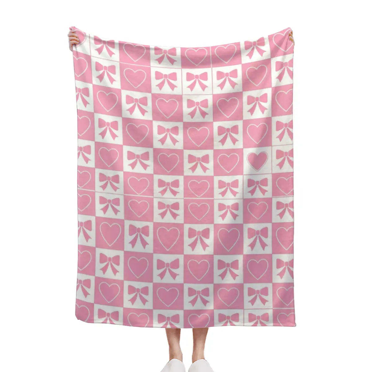 Pink Heart & Bow Checkerboard Flannel Blanket, Soft Plush Throw for Home Decor & Couch, Coquette Pattern, Warm Durable Gift for Romantic & Cute Style Lovers