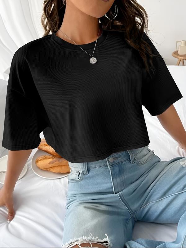 Women's Plain Ribbed Curved Hem Crop Tee, Casual Half Sleeve Round Neck T-shirt for Summer, Ladies Clothes for Daily Wear