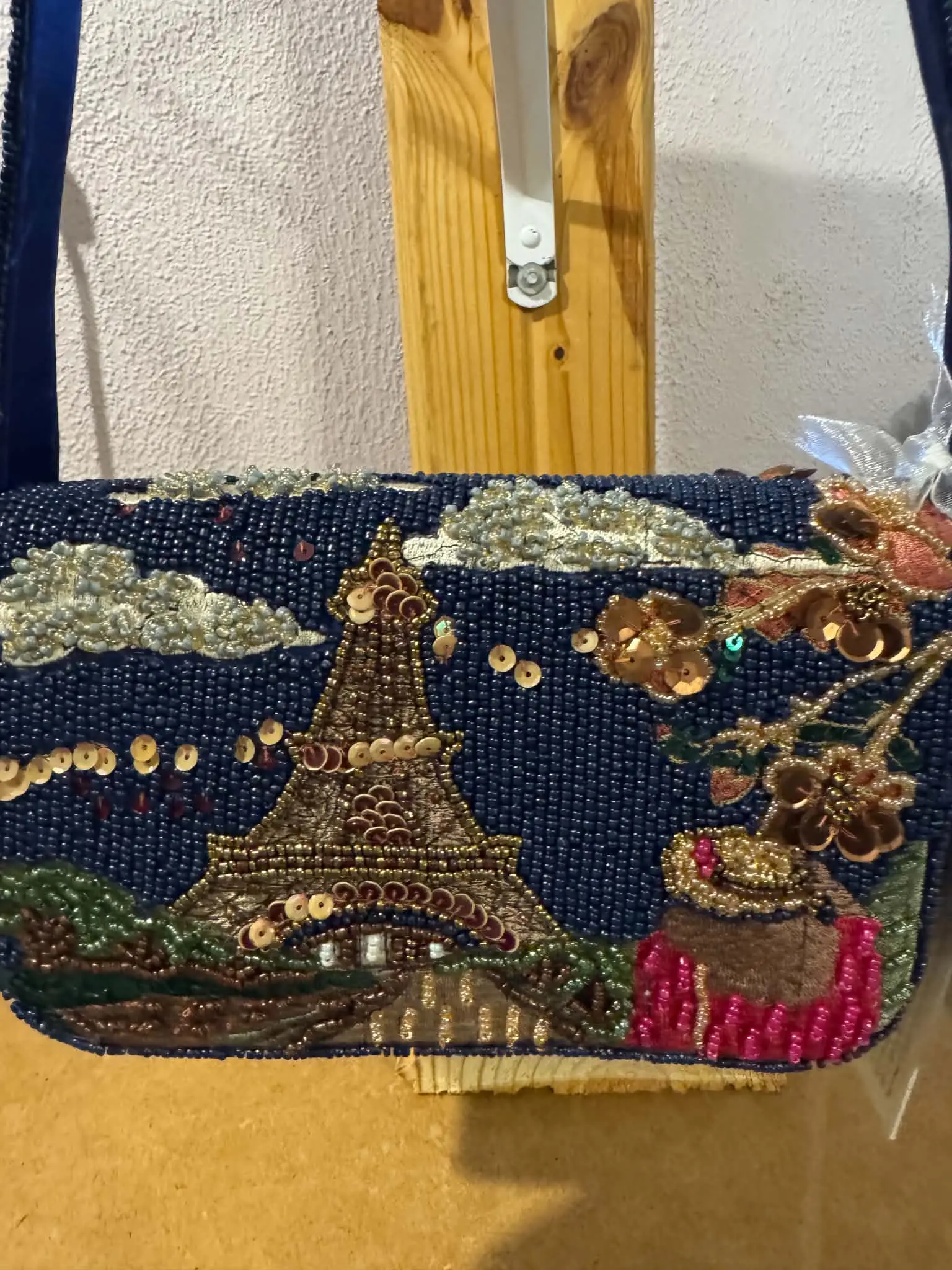 Eiffel Tower Beaded Handbag with Floral and Cloud Motifs, Dark Blue Color, Elegant Design, Perfect for Special Occasions