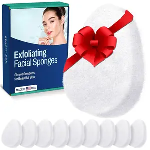 [10 Pack] Regular Exfoliating Facial Sponge for Face - Daily Cleansing Scrubber - Buf Dirt Away with Puf Styled Reusable Face Pads for Removing Makeup, Dirt, and Dead Skin - Made in USA