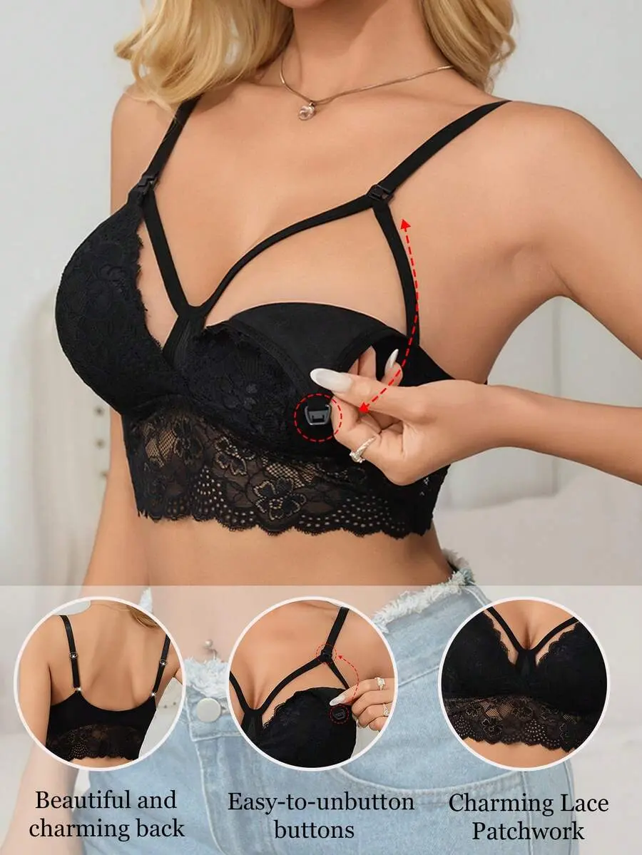 Ellie Maternity Solid Color Lace Trim Non-Padded Nursing Bra (Please Order One Size Up For Comfort)