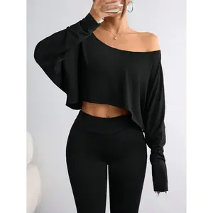 Women's Casual Solid Color Batwing Cropped T-Shirt, Spring/Autumn Fall Cloth For Women