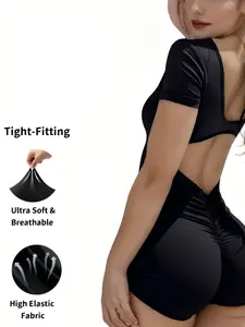 Sexy Backless Ruched Romper, Short Sleeve High Waist Workout Jumpsuit, Slim Fit Casual Gym Wear, Women's Fashionable One-Piece, Scrunch Jumpsuit