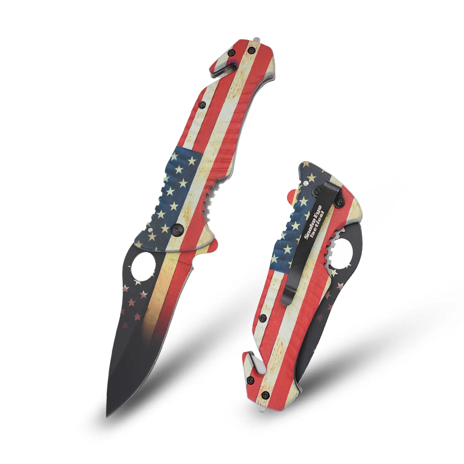 Worn USA Flag Tactical Rescue Spring Assist Knife - Snake Eye EDC with Glass Breaker & Cutter
