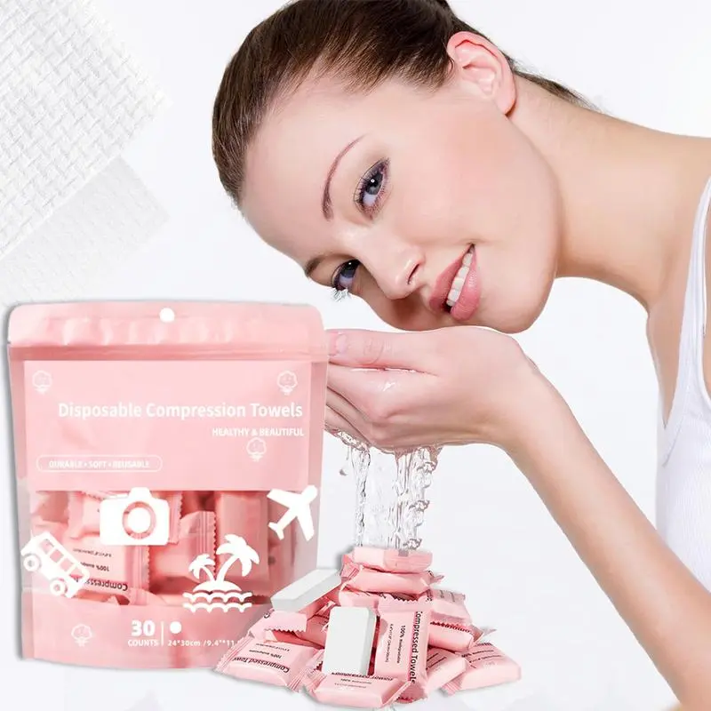 Disposable Compressed Towel Tablets, 30Pcs, Portable Compact Face Towels for Home, Camping, Hiking, Travel, Picnics & Gym Workouts, Ideal for On-the-Go Hand/Face Cleansing & Make-Up Use