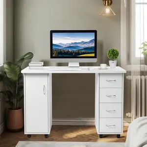 Rolling Nail Table, Mobile Nail Desk, Computer Desk, Salon Nail Desk, Nail Equipment with 4 Drawers and One Cabinet white Desk