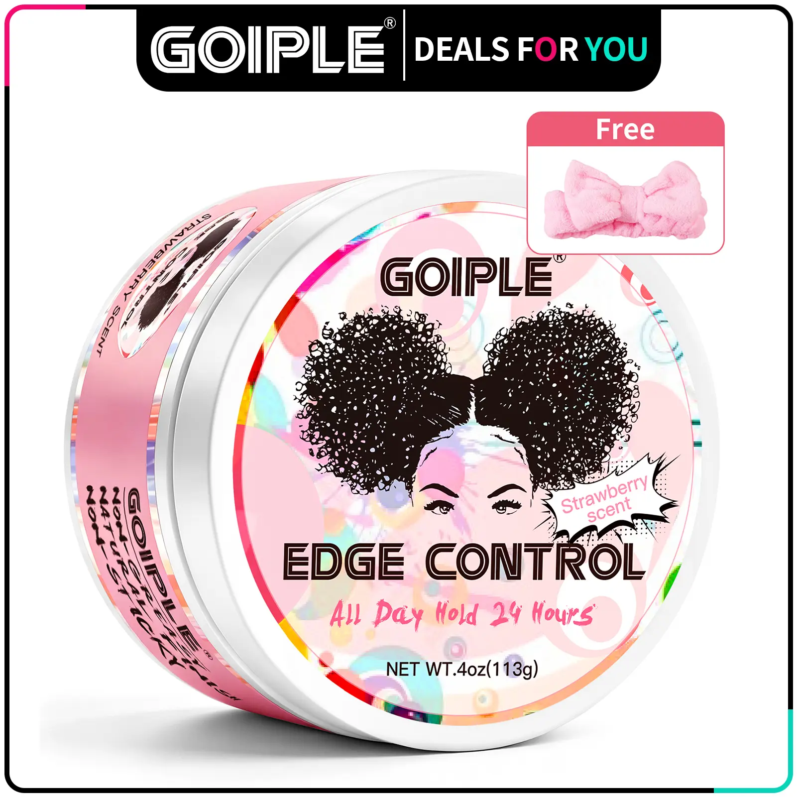 GOIPLE 24H Extreme Hold Edge Control Wax - Strawberry Scented with Castor Oil  Flake-Free, Non-Greasy & No White Cast Sleek Hairline Wax for All Hair Types Back to School (4oz)