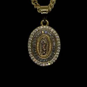 14k Gold Plated Virgin Mary Iced Out Diamond Cut Tri Gold Pendant Necklace for Female, Daily Wear Chain Jewelry Necklaces