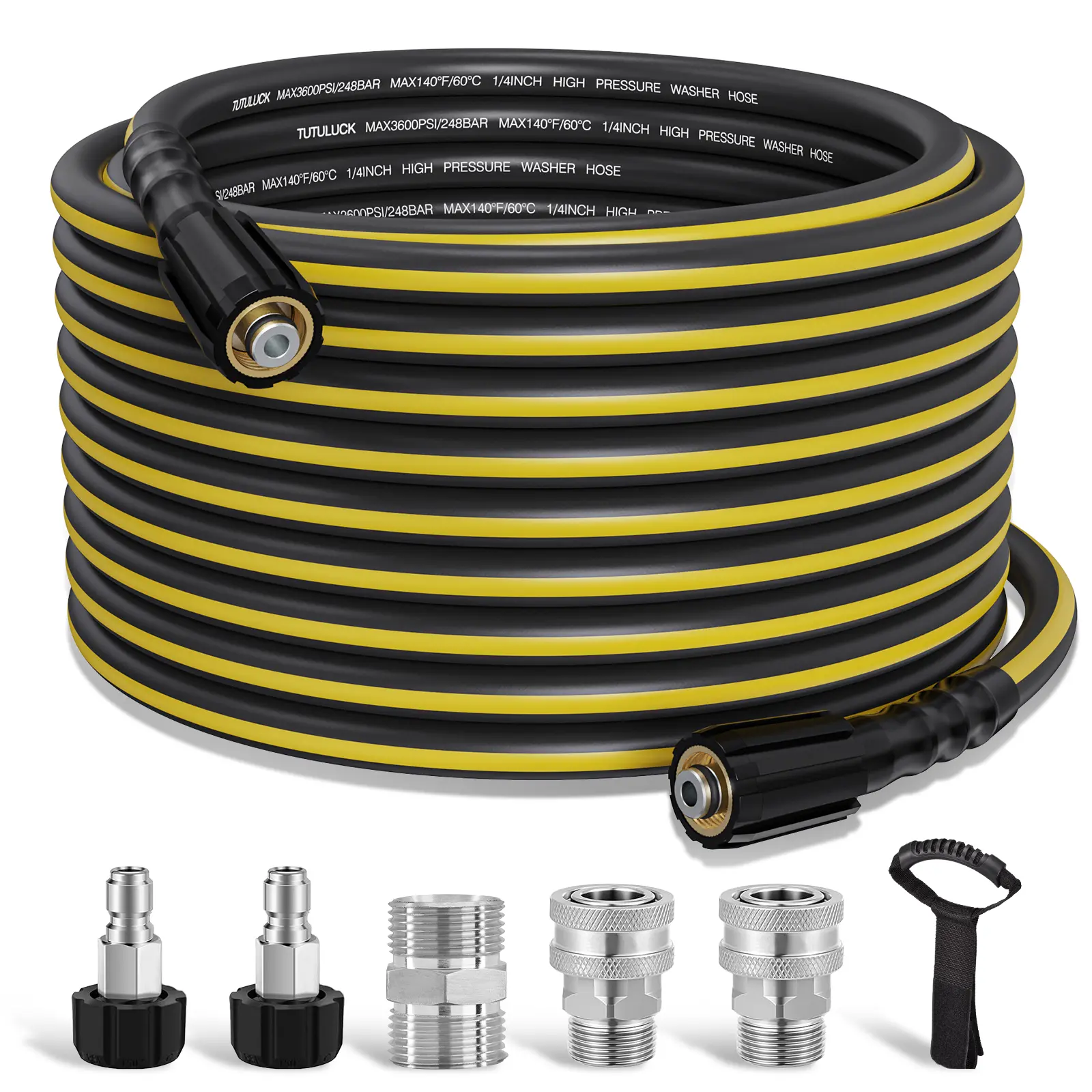 Zebra Pressure Washer Hose 50FT - 1/4" Flexible Power Washer Hose Kink Resistant,3600 PSI Leak-Free M22-14mm Extension Replacement Hose with 5 Stainless Steel Accessories & storage strap