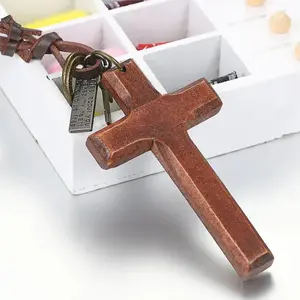 Vintage Wood Cross Crucifix Necklaces for Men Women Adjustable Rope Cord Sweater Chain Religious Prayer Unisex Jewelry