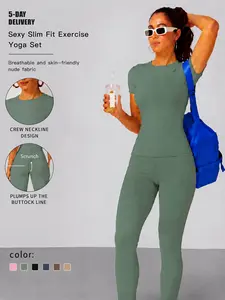 2-Piece Solid-Color Athletic T-Shirt Set Women's Sportswear Set, Slim-Fit RoundNeck Short Sleeves & High-Waisted YogaPants, Ideal for Gym Running OutdoorActivities,  Stretchy Suit Set, Fitness Outfits,Workout Running Outfits-8627