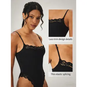 VVZ Lace Series Women's Spaghetti Strap Lace Trim Breathable Bodysuit, Minimalist Chic Lightweight Playsuit, Seamless Basic Nightdress Day Day