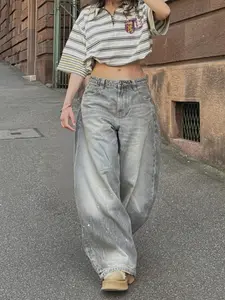 Women's Trendy Street Style Streetwear Commuter Casual Washed Loose Jeans, Fitted Natural Waist Long Pants, All Seasons Fashion Bottom
