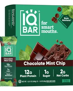 (A)IQBAR Brain & Body Plant Protein Bars – Chocolate Mint Chip 12-Count, Keto Vegan Low Sugar High Fiber Snack for Focus, Energy & Clean Meal Replacement