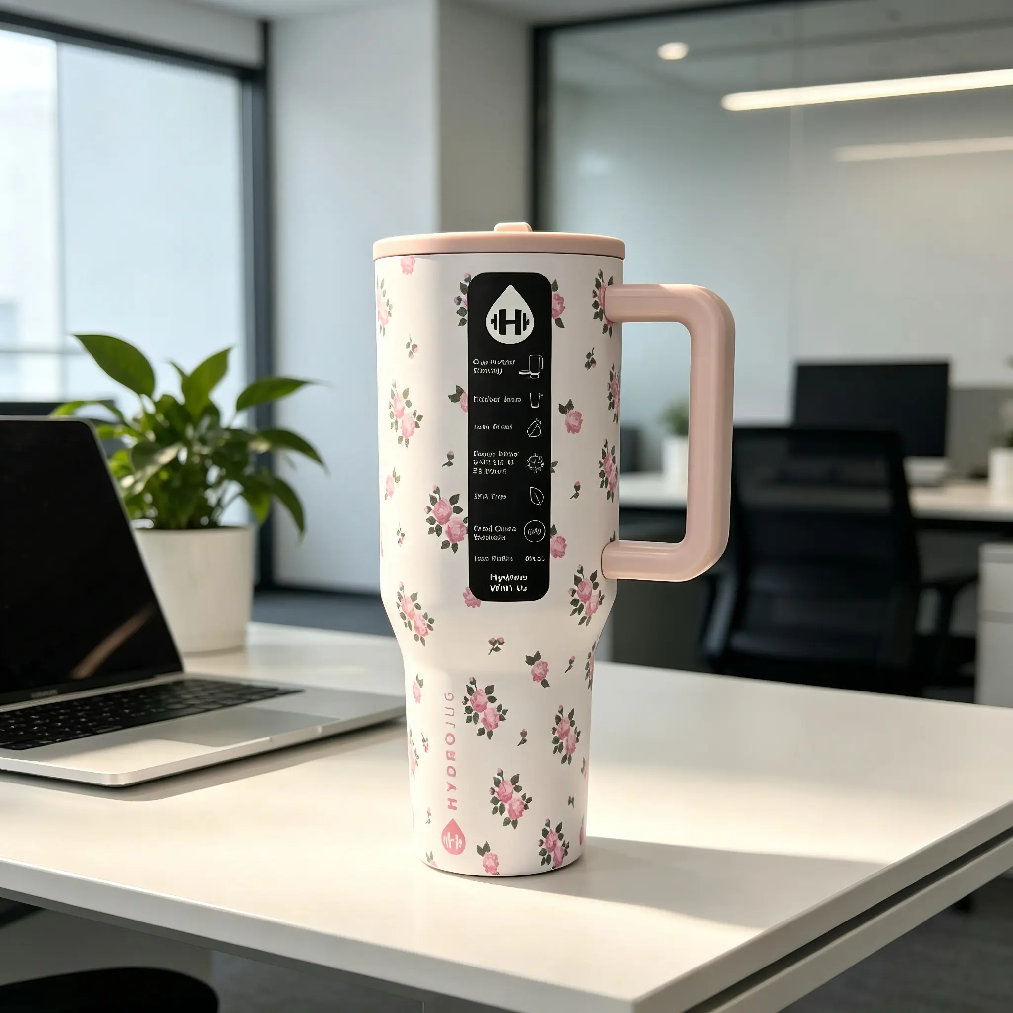 HydroJug 40 oz Stylish Blush Pink Rose Floral Insulated Flask - Leakproof BPA-Free Daily Carry Tumbler with Handle, Straw, Cup Rack-Friendly, Ideal for Gym, Travel