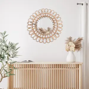 Rural Style Round Rattan Mirror 40cm Overall Diameter 20cm Glass Mirror Handmade Wall-mounted for Farmhouse Entryway Living Room Bathroom Bedroom Vanity