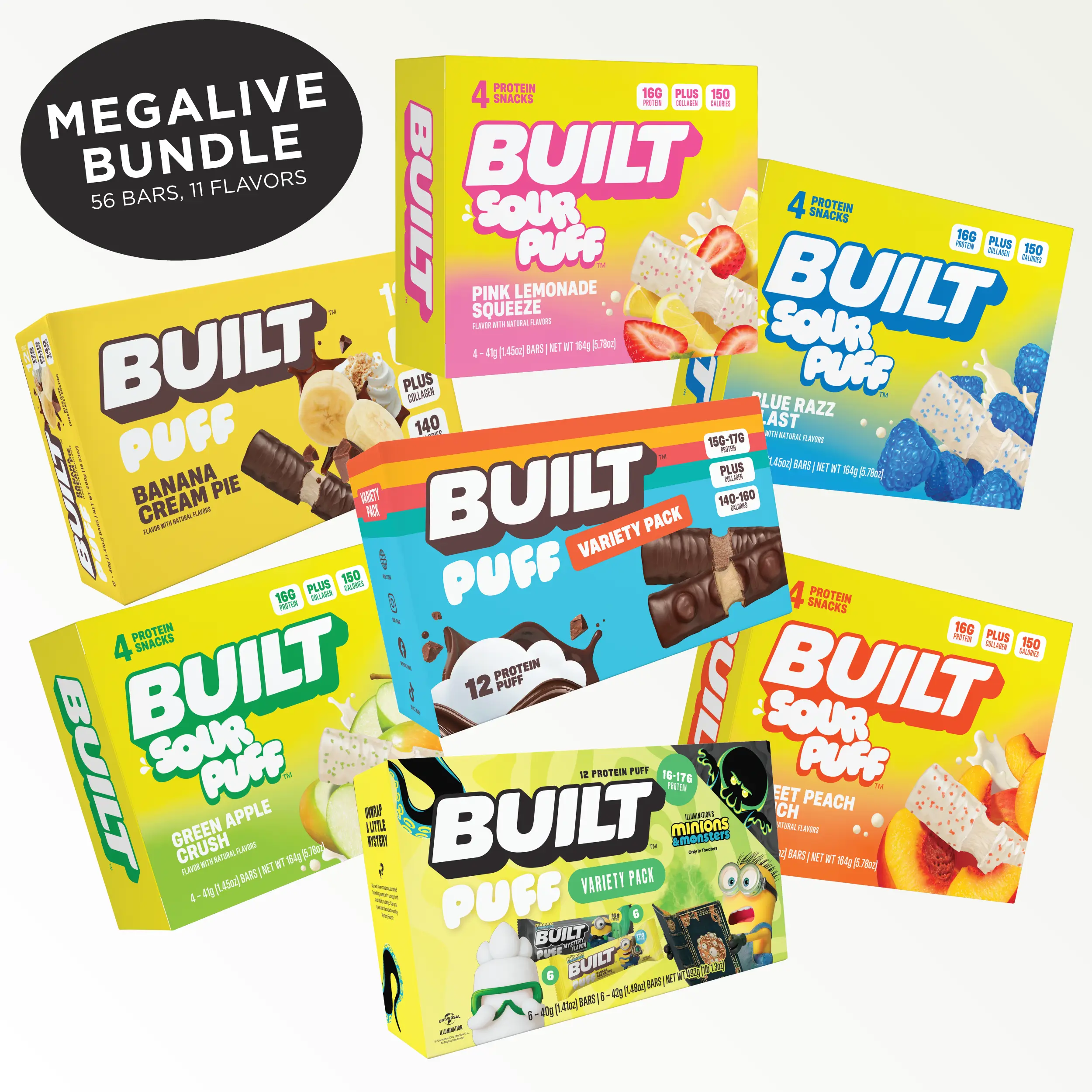 Official BUILT Bar, MEGALIVE Bundle Puff Protein Bar Snack Pack, 16g-17g Protein, 140-150 Calories, Collagen, Soft, Marshmallow-y Texture, 12 Count Box