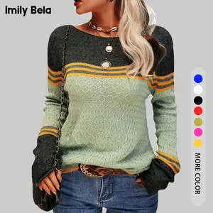 Imily Bela Essentials Womens Fall Fashion 2026 Sweaters Colorblock Lightweight Striped Crewneck Winter Trendy Pullover Tops,New Year's Eve Outfit