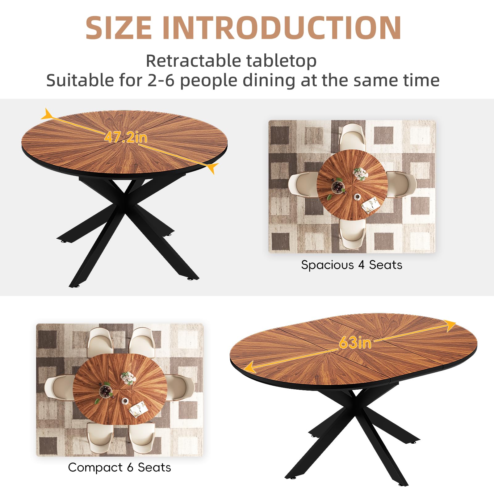 47.2"-63" Extendable Round Dining Table for 4-6, Modern Farmhouse Kitchen Oval Dining Table with Removable Leaves Space Saving, Expandable Table, Solid Wood Tabletop & Metal Frame, Walnut Dining Room Furniture