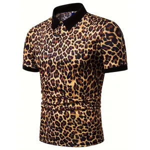 Mens Leopard Print Fashion Short Sleeve Large Size Casual Polo Shirt Tops Blouse