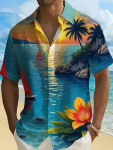 Men's Tropical Sunset 3D Printed Shirt, Nautical Sailboat & Floral Embellished Beachwear, Casual Short Sleeve, Summer Vacation Ideal Choice