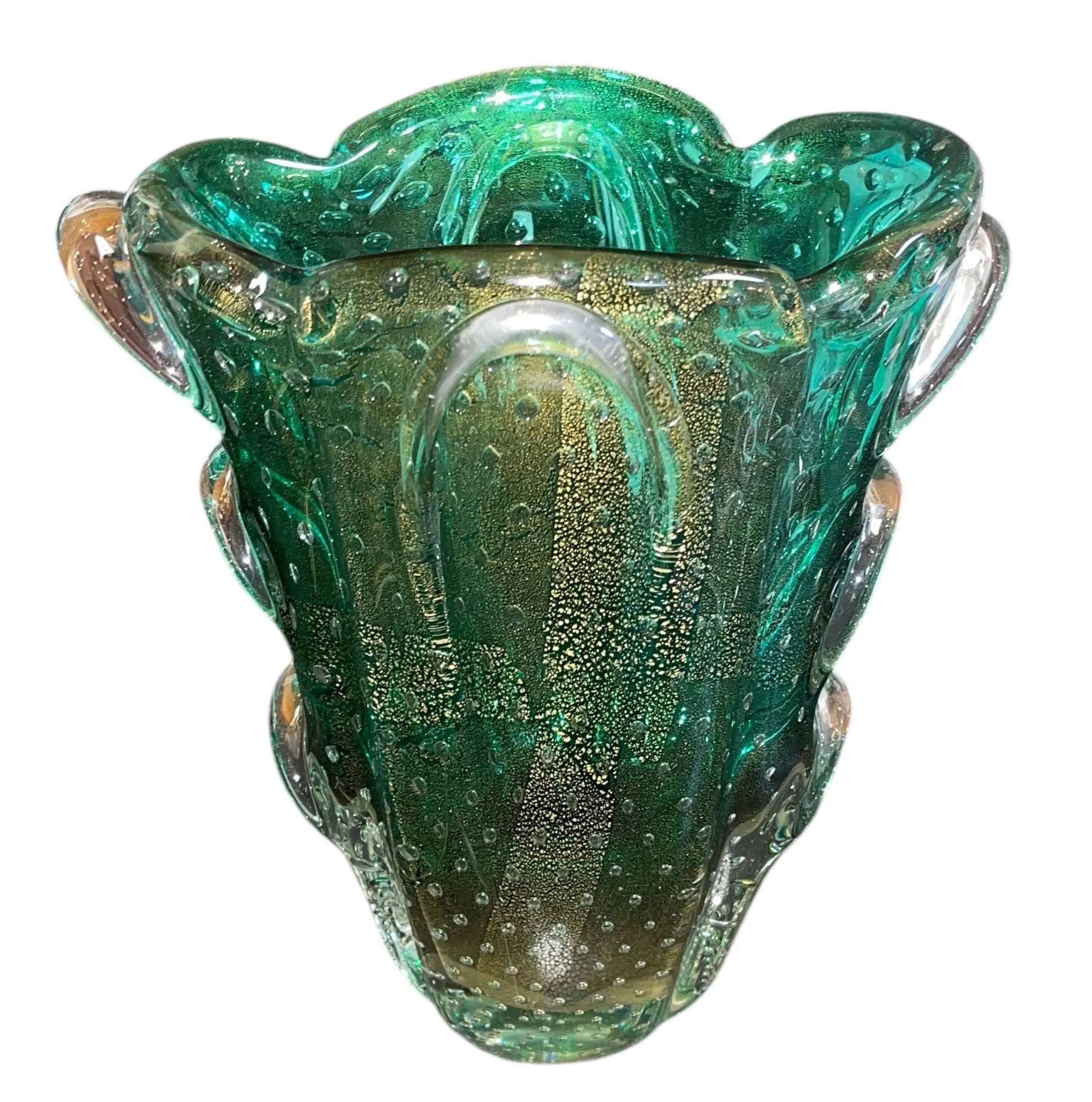 Seguso Murano Green & Gold Aventurine Art Glass Vase. Mid-20th Century.