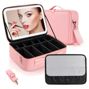 Viral Plus Size Travel Makeup Bag with Lighted Mirror  Waterproof Cosmetic Train Case with Three-color Light Adjustable Dividers Must-Have Organizer for Makeup Lovers Perfect Gift for Her，Valentine‘s Day&Mother's Day