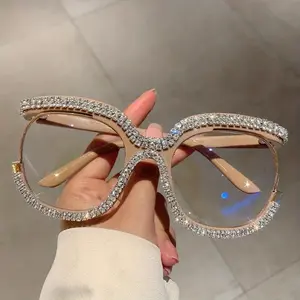 Sparkling Rhinestone Clear Lens Glasses Computer Glasses Anti Eyestrain Party Favors Decorative Glasses For Women Female Male