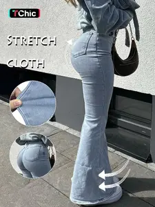 GILIPUR Women's Light Blue Washed High Waist Flare Jeans, Casual Fashion Denim, Vintage Slim Fit High Stretch Bell Bottom Denim Pants, Casual Office Commute Daily Wear Trousers for Women TChic Womenswear