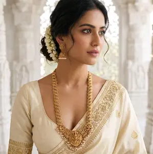 Gorgeous Pure brass Temple long Necklace and Earrings set