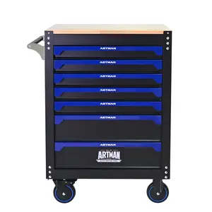 30-inch 7-drawer Wood-top Practical Rolling Steel Tool Cart, With Handle and Wheels, Storage Cabinet for Garages, Warehouses, Repair Shops, Requires Assembly of the the Tool Cart - Black & Blue