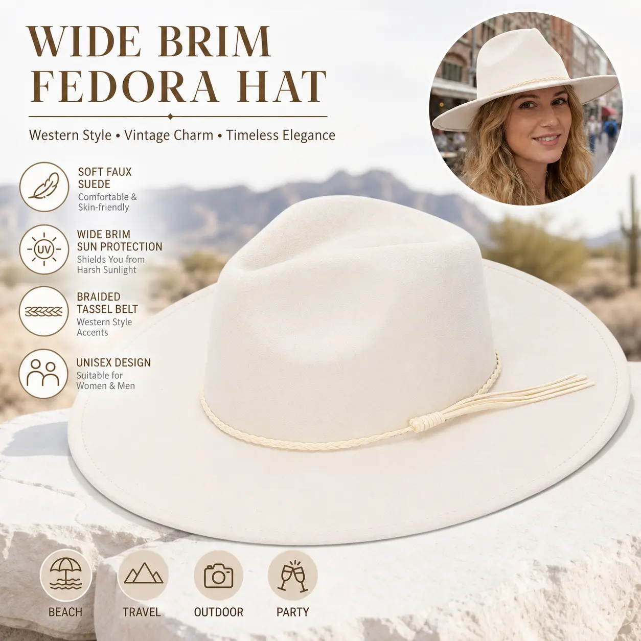 Solid Off White Faux Suede Wide Brim Fedora Hat, Braided Tassel Belt Western Panama Hat Vintage Ranch Style Sun Hat For Women Men Outdoor Travel Party