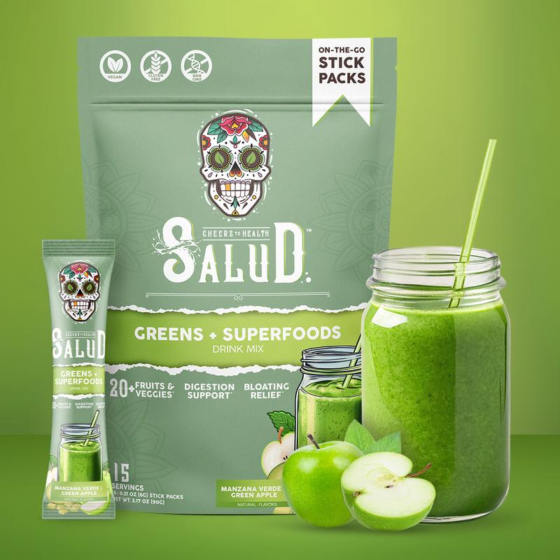 Salud 2-in-1 Greens Powder + Superfood Drink Mix Packets, 20+ Fruits and Veggies, Probiotics, Prebiotics, Supports Digestive Health, Bloating Relief, Vegan, Green Apple (15 Servings)