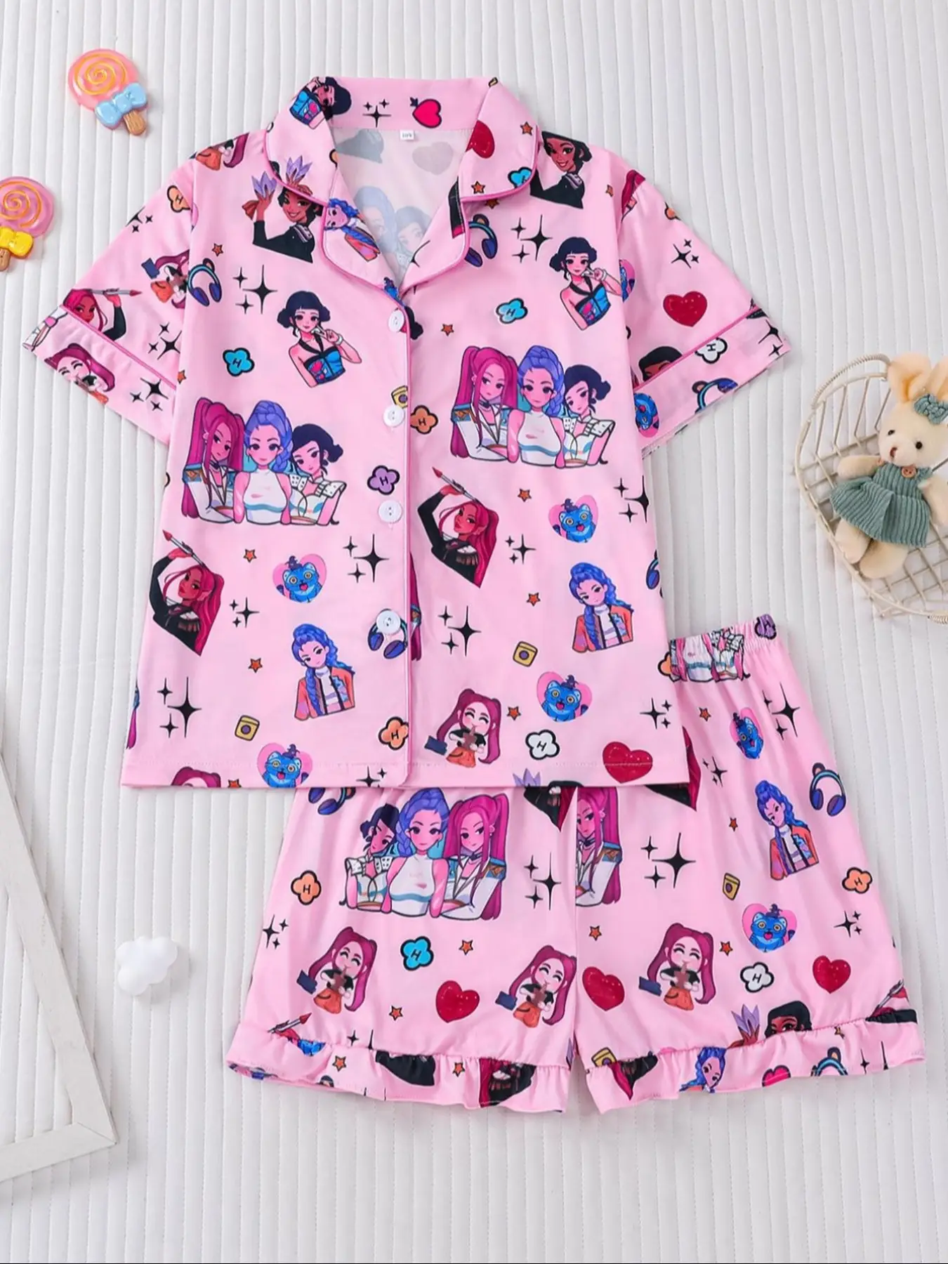 kpop demon hunters Kids Cartoon Sleepwear Set, Cute Butterfly Heart Print, Summer Fitted Pajamas, Thin Home Wear, 2 Piece Set, Fire Resistant