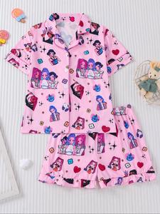 girl's cartoon bow print top & elastic waist shorts pyjama two-piece set, cute comfy short sleeve top & shorts set, kids sleepwear for all seasons, pajamas
