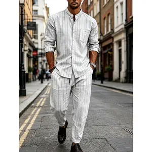 2026 Men'S Linen Striped Two-Piece Set Summer Stand Collar Shirt Jogger Pants Summer Casual Light Business Suit Breathable And Not Sweaty Complete Outfit Saves Time And Effort Stand Collar Design Neat And Shows Temperament Hides Imperfections And Sl