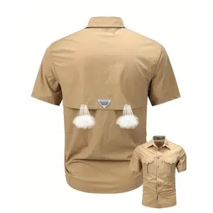 2025Breathable Stretch Nylon 92% Spandex 8% Blend Short Sleeve Shirt - Men'S Summer Casual Cargo, Lapel Collar, Single Breasted, Woven Menswear Tops(Sheets)