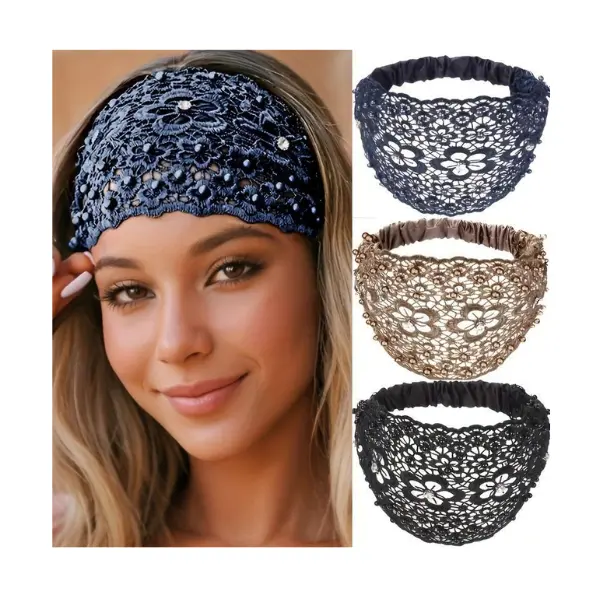 Tucnoeu Women's 3PCS Soft Polyester Wide Elastic Accessory Kit Headbands - Boho Chic 3D Embellishments, Crystal Pearl, Floral Assorted Beads for Daily Wear, Wide Headbands, Crystal Headband Set, Elastic Fashion Headbands