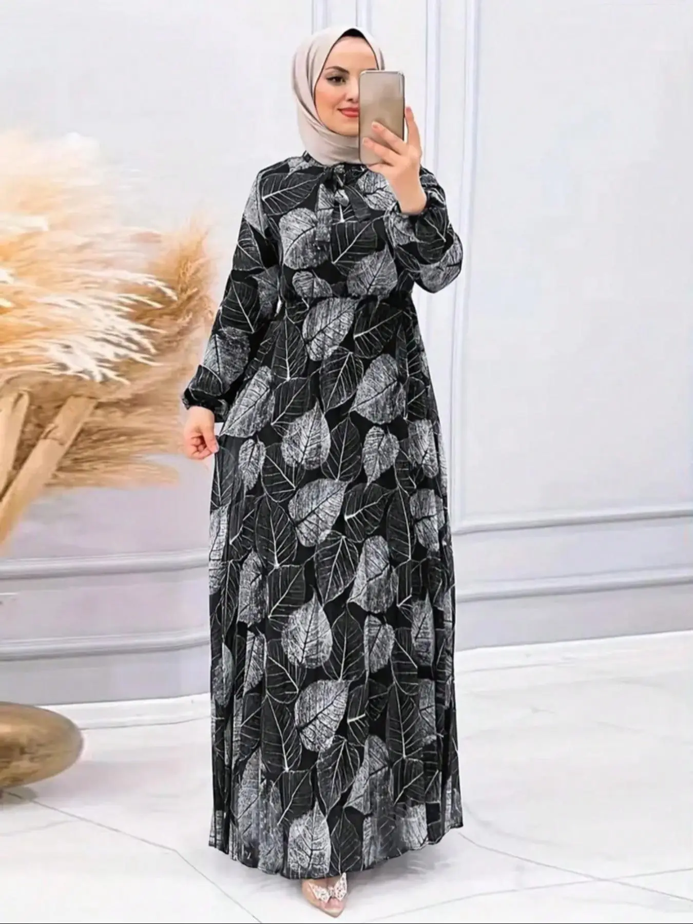 Women's Leaf Print Knot Front Long Sleeve A Line Dress without Hijab, Casual Bishop Sleeve Round Neck Maxi Dress for Daily Wear, Ladies Clothes for Al