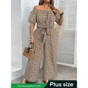 ��plus Size�� Ditsy Floral Print Off Shoulder Top & Belted Wide Leg Pants Set, Boho Casual Top & Trousers for Daily Holiday Vacation Wear, Women's Two-piece for All Seasons, Bohemian Shortsleeve Wideleg Womenswear, Summer Clothes Set